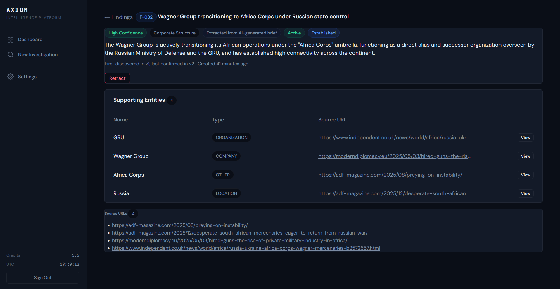 Investigation finding F-031 showing Wagner Group transitioning to Africa Corps under Russian state control, with supporting entities and source URLs